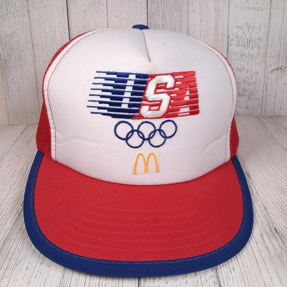 Vintage 1984 McDonalds Team USA Olympics Trucker Hat Snapback Red White Blue